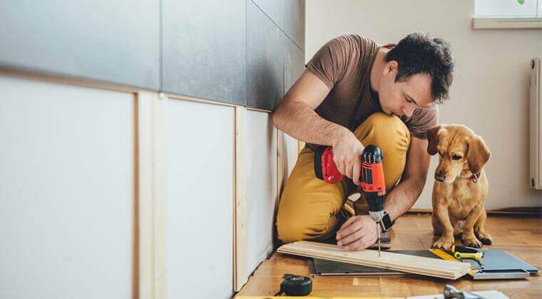 Working-at-home-with-a-dog-fixing-furniture